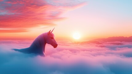  Unicorn in Magical Clous A unicorn peering down from the clouds, overlooking a beautiful landscape, creating a sense of awe and wonder.