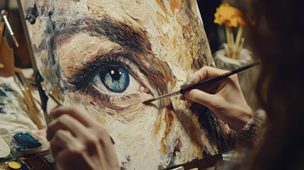 Canvas Print - A close-up of a painter's hand working on a detailed eye in a vibrant artwork.