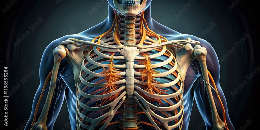 Panoramic Black Rib Cage Anatomy, Detailed Skeletal Structure, High ...