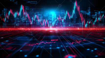 Aufkleber - Futuristic city skyline with illuminated stock market charts and data suggests strong growth and investment potential