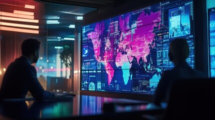 Wall Mural - two analysts review global data on a large screen in a modern control room.