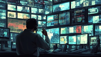 Wall Mural - a man monitors numerous screens displaying data, charts, and images in a futuristic control room.