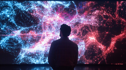 Aufkleber - Scientist analyzing complex data visualization projected on a large screen, exploring particle physics and scientific discoveries