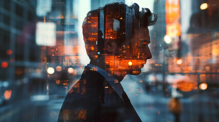 Canvas Print - Side view of businessman reflecting city lights, embodying ambition and success in the corporate world