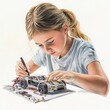 © EmPics - A tween building a model car, concentrated look, pastel illustration, isolated on white background