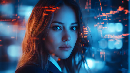 Fototapete - Businesswoman utilizing futuristic head-up display to analyze holographic data while working on innovative digital project