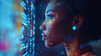 Aufkleber - Woman with code projected on her face analyzing data stream in futuristic cyberspace environment