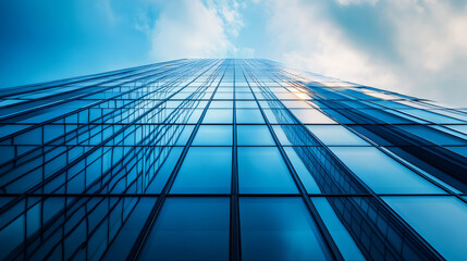 Fototapete - Low angle view capturing a modern glass skyscraper reflecting vibrant blue skies and fluffy clouds, highlighting urban architectural beauty
