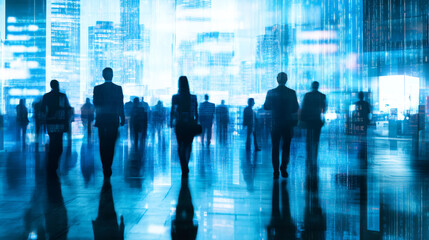 Aufkleber - Businesspeople stroll through a hi-tech city with a data stream overlay, symbolizing the fusion of technology and business