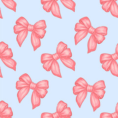 Wall Mural - Hand drawn pattern with pink bows on a light blue background, perfect for decorating crafts