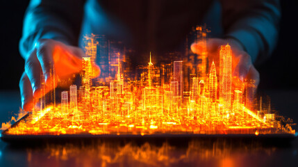 Poster - Architect interacts with a futuristic, glowing smart city hologram projected from a digital tablet, showcasing innovative urban planning and design