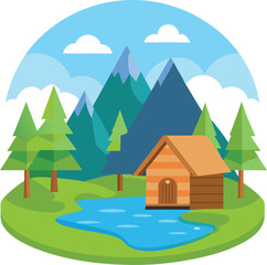 Wall Mural - Vector illustration white background Cartoon woods cabin by the river with mountains