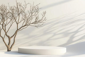 Poster - A minimalist scene featuring a bare tree and a circular platform casting shadows.