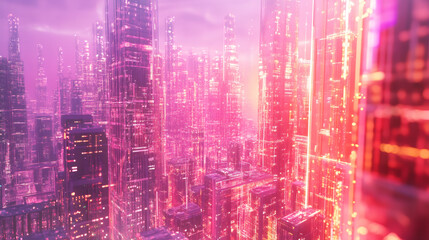 Canvas Print - Breathtaking aerial view of a futuristic cityscape glowing with vibrant pink neon lights at sunset, showcasing towering skyscrapers and advanced technology