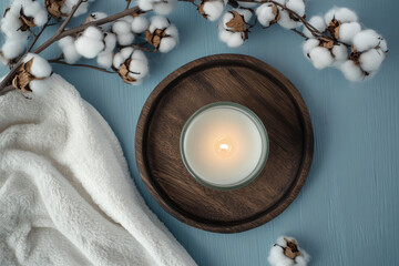 Poster - A serene setup featuring a candle, cotton branches, and a cozy blanket for relaxation.