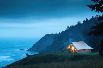 Wall Mural - A serene tent set against a coastal landscape at dusk, inviting relaxation and adventure.