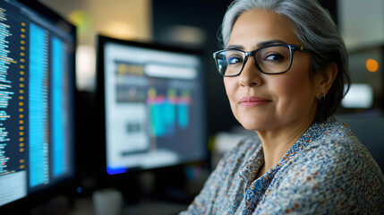 Aufkleber - Senior female software engineer confidently coding on computer screen in a dimly lit evening office