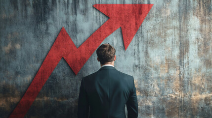 Aufkleber - Businessman standing in front of concrete wall with rising red arrow representing growth, success, and business vision