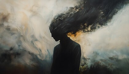 Poster - Ethereal Silhouette of a Person Surrounded by Abstract Swirls of Dark Smoke and Light, Expressing Themes of Inner Turmoil and Reflection