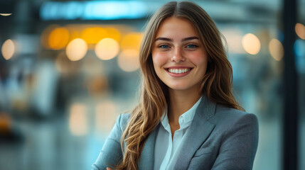 Canvas Print - Confident young businesswoman smiling with arms crossed, showcasing professionalism and success in a corporate environment