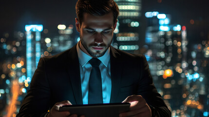 Aufkleber - Focused businessman working late using digital tablet with illuminated cityscape in background