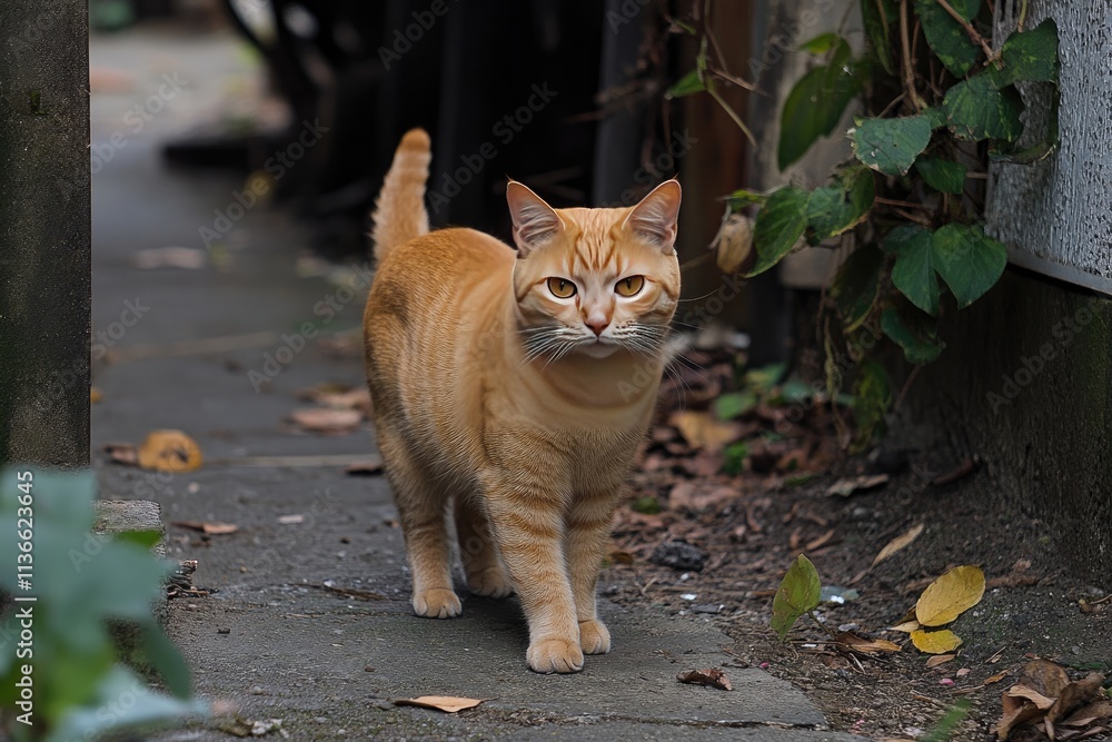 Orange tabby cat walking down a garden path Stock Photo | Adobe Stock