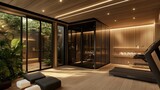 luxurious modern home gym with sauna and garden views