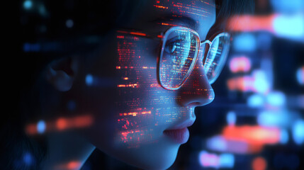 Fototapete - Female programmer in glasses analyzing data code stream in futuristic augmented reality interface in close-up