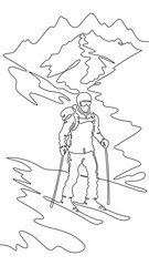 Wall Mural - Continuous one line drawing skier in the mountains. Mountain landscape. Skier on the mountain slope. Alpine skiing. One continuous line isolated minimal illustration.Not AI.