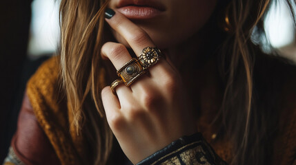 Young woman showcasing intricate gold rings with natural light highlighting details