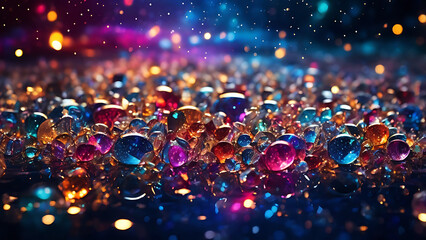 Wall Mural - Magical night sky, glittering blue background, colorful bokeh lights