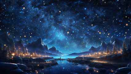Wall Mural - Magical night sky, glittering blue background, colorful bokeh lights