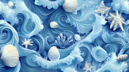 Wall Mural - Seamless natureinspired pattern, cool blue tones, ocean waves and shells, digital art, calming and serene design, coastal theme, flowing and intricate. Zephyrine. Illustration