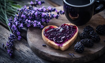 Wall Mural - A heart shaped toast with blackberry jam sits on a wooden table