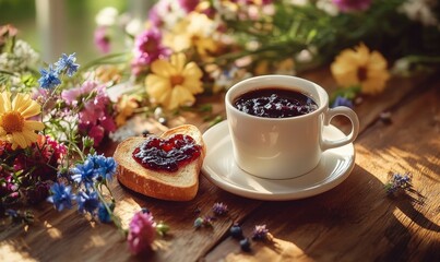 Poster - A white coffee cup with a heart shaped toast on a plate