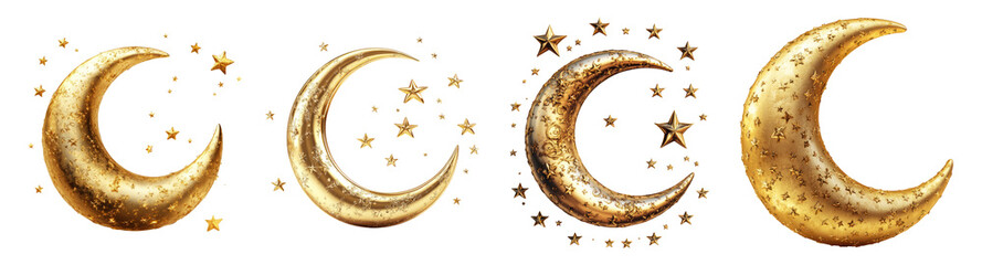 Wall Mural - Isolated Gold Crescent Moon with Stars on Transparent Background