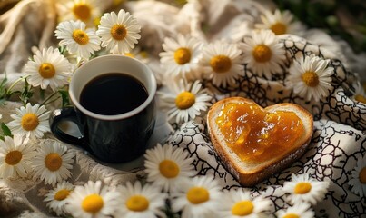 Poster - A cup of coffee is next to a heart shaped toast with jam