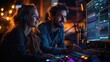 © karina_lo - Young caucasian man and woman collaborating on audio production in a studio setting with technology