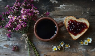 Poster - A cup of coffee is next to a heart shaped piece of toast with jelly