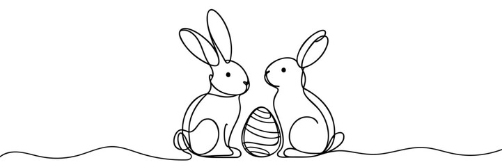 easter bunny continuous one line drawing. easter border with eggs and cute cartoon bunny in continuo