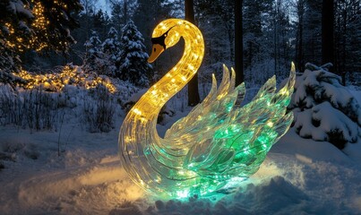 Canvas Print - A large, illuminated swan sculpture is sitting in the snow