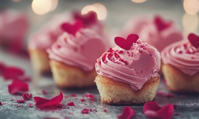 Poster - A row of pink cupcakes with hearts on top