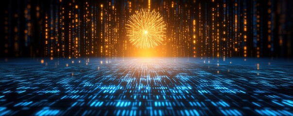 Wall Mural - a vibrant digital visualization featuring a burst of light resembling fireworks, set against a backd
