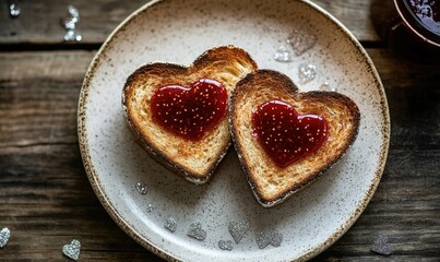 Poster - Two slices of toast with strawberry jam in the shape of hearts