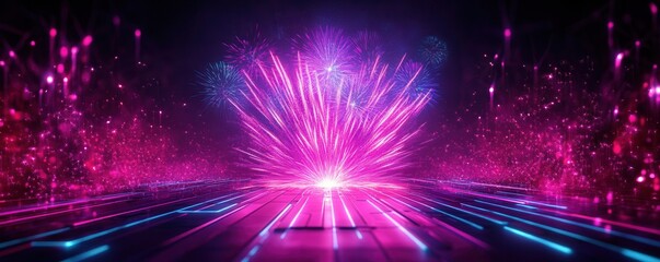 Wall Mural - a vibrant explosion of pink and blue light beams against a dark background, creating a dynamic and e