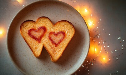 Poster - A plate with two heart shaped pieces of bread with tomato sauce on them