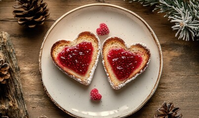 Poster - Two heart shaped pastries with raspberry jam on top of a white plate