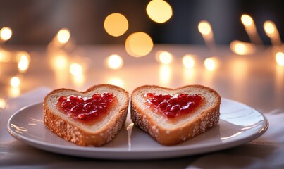 Two slices of bread with jam in the middle, forming a heart shape