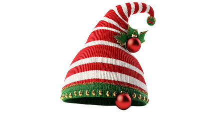 Wall Mural - A whimsical Christmas elf hat with stripes and a jingle bell, isolated on a white background, perfect for holiday-themed designs and festive celebrations.

