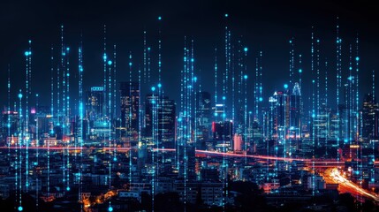 Neon-lit futuristic city skyline with glowing encrypted binary rain symbolizing cyber data flow advanced cyber security concept visually stunning